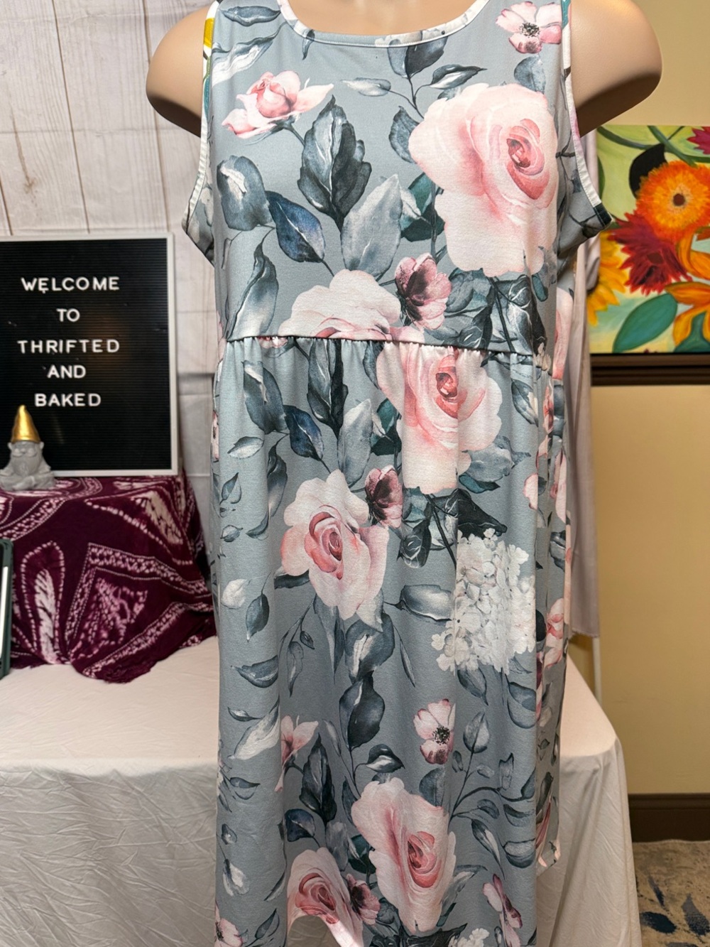 Izuria Sleeveless Floral Midi Dress in Dusty Blue and Blush Plus Size 1X